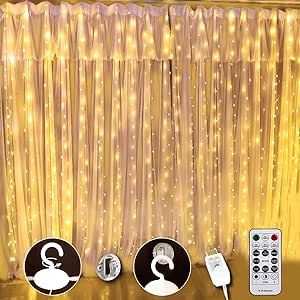 White Curtain Light for Bedroom, 300 LED 9.8ft x 9.8ft Window Fairy Curtain String Light with 16 Hooks, 8 Models Remote Control for Wedding Party Home Garden Indoor Decorations