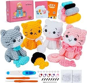 Crochet Kit for Beginners - Cat Crochet Kit with Step-by-Step Video Tutorials, Learn to Crochet Kits for Adults and Kids, 4 PCS Cat with Hat, Toy, Fish Crocheting Set