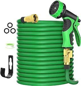 100 ft Expandable Garden Hose with 10 Function Nozzles, New Water Hose with 50 Layers Innovative Nano Rubber, 3/4" Solid Brass Fittings, Flexible Hose Expanding Water Pipe