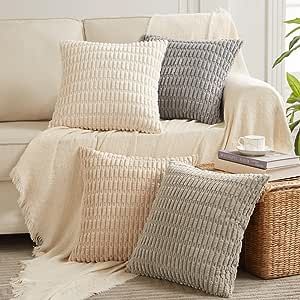 Fancy Homi 4 Packs Neutral Decorative Throw Pillow Covers 18x18 Inch for Living Room Couch Bed Sofa, Rustic Farmhouse Boho Home Decor, Soft Plush Striped Corduroy Square Cushion Case 45x45 cm