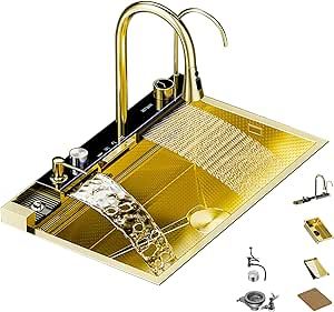Golden Kitchen Sink Home Deluxe Smart Kitchen Sink Multifunctional Nano Stainless Steel Waterfall Sink with Desktop Control Single Sink Piano Sink with Temperature Digital Display