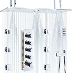 HOMEDEC Ceiling Rainfall Shower System, 2 in 1 Large Mist Rain Shower with Thermostatic Mixer Valve Kit, 31.5inch Chrome Luxury Bathroom Faucet Sets Complete