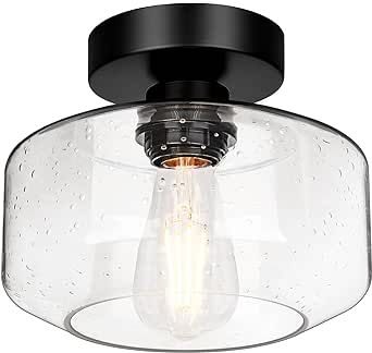 Industrial Semi Flush Mount Ceiling Light, 800 Lumen LED Bulb Included, Seeded Glass Shade Farmhouse Light Fixture for Hallway Corridor Kitchen Bathroom Bedroom Passway