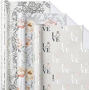 LeZakaa Silver Wrapping Paper Roll - Mini Roll - Flower & Love and Ring with Metallic Foil Design for Wedding, Engagement,Bridal Shower - 17 x 120 inches, 3 Rolls (42.5 sq.ft.ttl.)