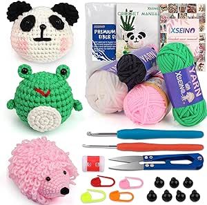 Crochet Kit for Beginners - Crochet Start Kit with Step-by-Step Video Tutorials - Learn to Crochet Kits for Adults and Kids - Panda, Frog, Hedgehog