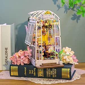 Book Nook Kit Garden House DIY Book Nook Kits Room Bookshelf Insert Miniature Decor Kit 3D Wooden Puzzle Bookshelf Decor with Led Decor Suitable for Adults and Teenagers Craft Gifts