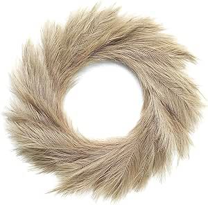 Faux Pampas Grass Wreath, 27" Large Boho Wreath for Front Door | Artificial Pampas Wreath Fall Decor | Interior, Exterior Neutral Boho Modern Wreath Wall Decoration (Natural Taupe Gray)