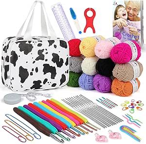 Aeelike Crochet Kit for Beginners with Instructions, 71pcs Starter Crochet Kits Include 655 Yards Yarn, Ergonomic Crochet Hooks 2.0-6.0 mm, Lace Steel Needles 0.6-1.9 mm and PU Leather Tote Bag, Cow
