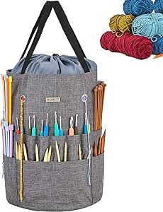 HOMEST Large Crochet Bag with Customized Front Compartment for Knitting Accessories, Yarn Storage with 6 Oversized Grommets, Tote Organizer with Drawstring Closure, Gray