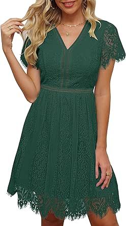 MEROKEETY Women's V Neck Floral Lace Wedding Dress Short Sleeve Cocktail Party Dress