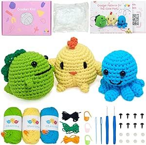 Crochet Animal Kit for Beginners - 3 Patterns: Chick, Octopus, Dino | Knitting Kit for Adults and Kids with Step-by-Step Video Tutorials, Yarns, Hooks, and Accessories