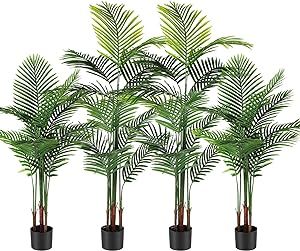 Jexine 4 Pack Artificial Areca Palm Plant Fake Palm Tree, Faux Plant for Home Decor Indoor Outdoor Faux Areca Palm Tree in Pot for Home Office Housewarming Gift Modern Decoration (4 Feet,5 Feet)