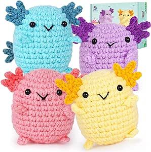 Crochet Kit for Beginners, Crochet Starter Kit w Step-by-Step Video Tutorials, Beginner Crochet Kit for Adults Kids Women Men Complete Kit Included (4 Mini Axolotls)