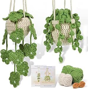 Crochet Kit for Beginners, 2PC Hanging Potted Plants Crochet Starter Kit with Step-by-Step Instructions and Video Tutorials Complete Crochet Kit for Beginners Decoration (Leaf Potted Plant)