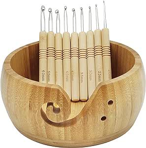 Wooden Yarn Bowl Set, with 9 pieces Metal Crochet Hooks, Large Yarn Holder Dispenser Yarn Storage Bowls tools, Gifts for Crocheters Who Have Everything