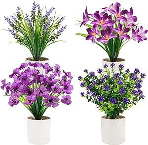 4 Packs Fake Plants Mini Purple Artificial Potted Flowers Small Faux Plants Indoor for Home Office Bathroom Farmhouse Tabletop Spring Decor