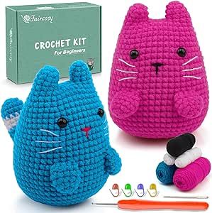 Crochet Kit for Beginners Crocheting: Crochet Animal Kits for Kids & Adults - Learn to Knitting Cat Amigurumi Starter Kit with Detailed Tutorial Video and Instructions (40%+ Yarn Extra)