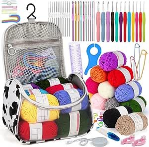 Aeeque Crochet Kit for Beginners, Crochet Kits with 12 Yarn, Crochet Hook Set Include Ergonomic Crochet Hooks, Aluminium Crochet Hook, Lace Crochet Needle, Crochet Accessories, Storage Bag, Black