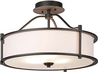 XiNBEi Lighting Semi Flush Mount Ceiling Light 18 Inch 3 Light Close to Ceiling Light with Fabric Shade and Frost Glass Diffuser in Dark Bronze Drum Semi Flush Light XB-SF1199-DB