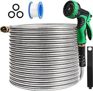 Garden Hose, Wotalk Stainless Steel Water Hose Heavy Duty Non Kink Metal Outdoor Hose with Sprayer Nozzle, Storage Straps for Garden Yard 5/8” 50FT