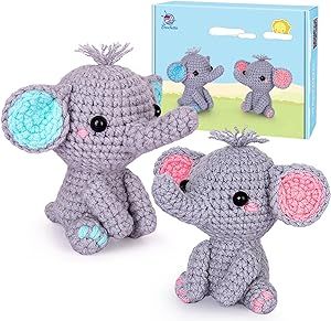 Crochet Kit for Beginners, Beginner Crochet Starter Kit with Step-by-Step Video Tutorials, Learn to Crochet Kits for Adults Kids, DIY Knitting Supplies, 2 Pack Elephant Family (40%+ Yarn)