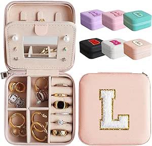 Letter Travel Jewelry Case with Mirror, Mini Portable Jewelry Travel Organizer, Small Jewelry Box for Bridesmaid Gift, Travel Essential to Store Ring, Necklace, Earring(PeachPink-L)