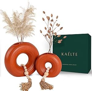 Orange Ceramic Vases and Bead Garland-2 Burnt Orange Vases Home Decor,Vases for Pampas Grass-Donut Round Flower Vase for Modern Rustic Boho Vase for Centerpieces Table,Bookshelf,Kitchen Island,Mantel