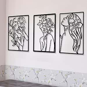 CHENGU 3 Pieces Metal Minimalist Abstract Woman Wall Art Line Drawing Wall Art Decor Single Line Female Home Hanging Wall Art Decor for Kitchen Bathroom Living Room (Black,Floral Style)
