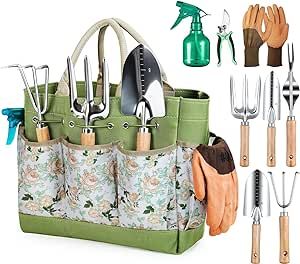 Grenebo Gardening Tools 9-Piece Heavy Duty Gardening Hand Tools with Fashion and Durable Garden Tools Organizer Handbag,Rust-Proof Garden Tool Set, Ideal Gardening Gifts for Women