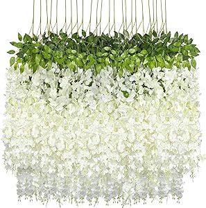 Pauwer Wisteria Hanging Flowers 24 Pack Fake Flower Garland Artificial Wisteria Vines Rattan Silk Flower String Wedding Party Wall Decorations,White