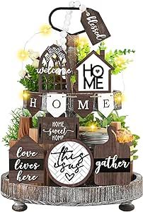 11 Pieces Tiered Tray Decor Set Rustic Farmhouse Wood Sign, Home Sweet Home Tiered Tray, Welcome Table Signs for Home Table Shelf Holiday