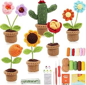 Crochet Kit for Beginners 6 PCS Mini Potted Plants Crochet Starter Kit with Step-by-Step Video Tutorials DIY Knitting Crochet Kits for Adults and Kids