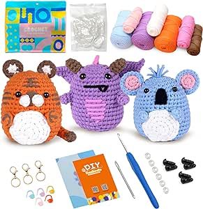 Crochet Kit for Beginners, 3 Pattern Single Yarn Animals-Tiger, Koala, Pterodactyl, Knitting Kit for Adult Kids with Step-by-Step Video Tutorials, Instructions and Yarns, Hook