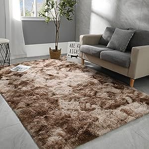 5x8 Large Area Rugs for Living Room, Super Soft Fluffy Modern Bedroom Rug, Tie-Dyed Brown Indoor Shag Fuzzy Carpets for Girls Kids Nursery Room Home Decor