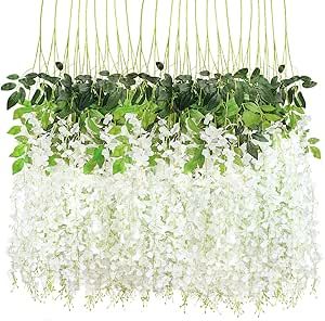 CEWOR 24pcs Wisteria Hanging Flowers 3.6ft Artificial Vines Fake Garland Silk Flower String for Wedding Party Garden Outdoor Greenery Home Wall Decoration (White)