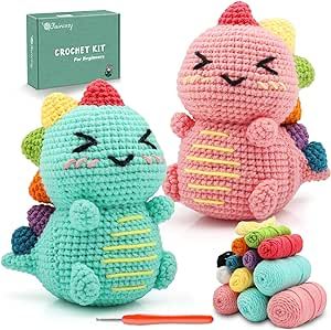 Dinosaur Crochet Kit for Beginners: 2PCS Crochet Animal Kits for Kids & Adults - Learn to Crocheting Cute Amigurumi Starter Kit with Written Pattern & Video Tutorials (40%+ Yarn Extra)
