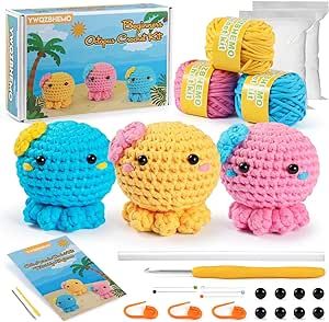 Crochet 3 Colored Octopus Kit for Beginner/Experts, DIY This All in One Crochet Set for Starter, Kids Includes Enough Yarn, Hook, Accessories