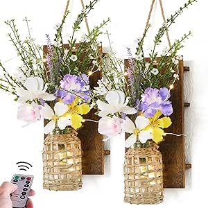 Anna's Whimsy 2PACK Mason Jar Sconce Wall Decor Rustic Artificial Flowers - with Remote Control LED Fairy Lights Spring Decorations for Home