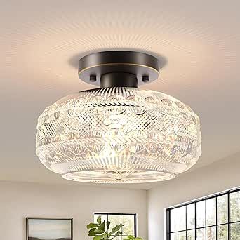 Semi Flush Mount Ceiling Light,Bronze Hallway Light Fixture,Globe Glass Close to Ceiling Light,Vintage Indoor Hanging Light,Farmhouse Light for Kitchen Entryway-Bulb Not Included