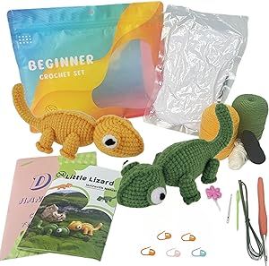Crochet Kit for Beginners,Crochet Animal Kit Includes Easy to Follow Instructions and Video Tutorials,Complete DIY Crochet Kits Animals for Adults Kids Beginners(Lizard)