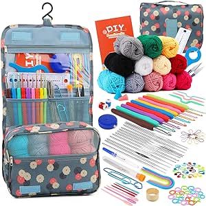 Crochet Kit for Beginners, Adult 130 Pcs Crochet Starters Kit Including Crochet Yarn, Ergonomic Crochet Hooks, Complete Crochet Accessories in Hangable Storage Bag