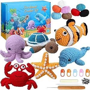 DIY Crochet Kit for Beginners Fish Octopus Crochet Animal Kit Turtle Starfish Crab Knitting Starter Pack with Step by Step Instruction Yarn for Adults Kids Crocheting Enthusiast