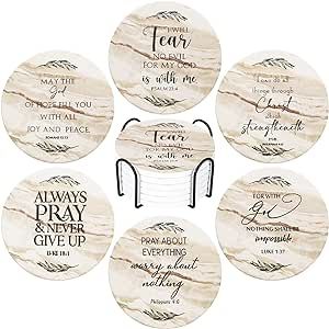 Arrozon 6 Pack Christian Coasters with Scripture, Ceramic Coasters with Holder and Cork Backing, Absorbent Drinks Coasters Christian Home Decor Gift (Yellow)