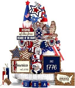 Bucherry 19 Pcs Patriotic Tiered Tray Decor 4th of July Table Decor Set Memorial Day Decorations Red White Blue Wooden Sign Rustic Farmhouse Independence Day Centerpieces for Labor Day May Day