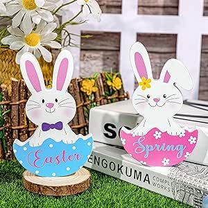 Easter Decorations Wooden Bunny Set, Rabbit Blocks Tiered Tray Decor, Blue and Pink Spring Signs Decoration for Home Table Desk Door Shelf Display (Set of 2)