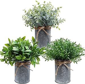 Winlyn 3 Pack Mini Faux Potted Greenery Artificial Boxwood Eucalyptus Rosemary Plants in Rustic Galvanized Metal Pots Potted Plants Arrangement for Farmhouse Table Centerpiece Home Mantel Shelf Decor