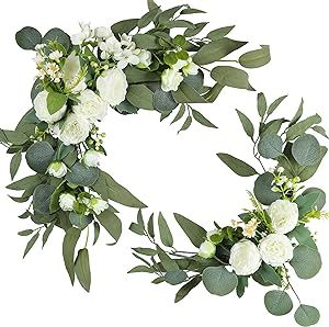 H&W 2pcs Artificial Wedding Arch Flowers for Wedding Sign, Floral Swag Dusty Wedding Decor for Wedding Reception Ceremony Backdrop Sweetheart Table(Willow Leaves-Peony-White)