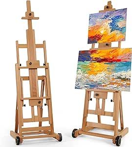 VISWIN Collapsible H-Frame Easel, Hold 1 or 2 Canvas up to 78", Adjustable Beech Wood Easel for Painting, Movable & Tilting Flat Floor Art Easel Stand, Studio Art Easel for Adults, Artists - Natural