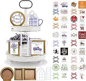 Farmhouse Spring Tiered Tray Decor Set Year Round Seasonal Interchangeable Holiday Rustic Wooden Frames with Cards Ladder for Home Kitchen Table Decorations Centerpiece