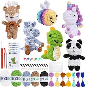 6PCS Crochet Kit for Beginners, Knitting Starter Pack for Adults and Kids,Amigurumi Crocheting Animals Kits with Step-by-Step Video Tutorials Dinosaur, Rainbow Bee,Unicorn,Elk, Panda or Zebra